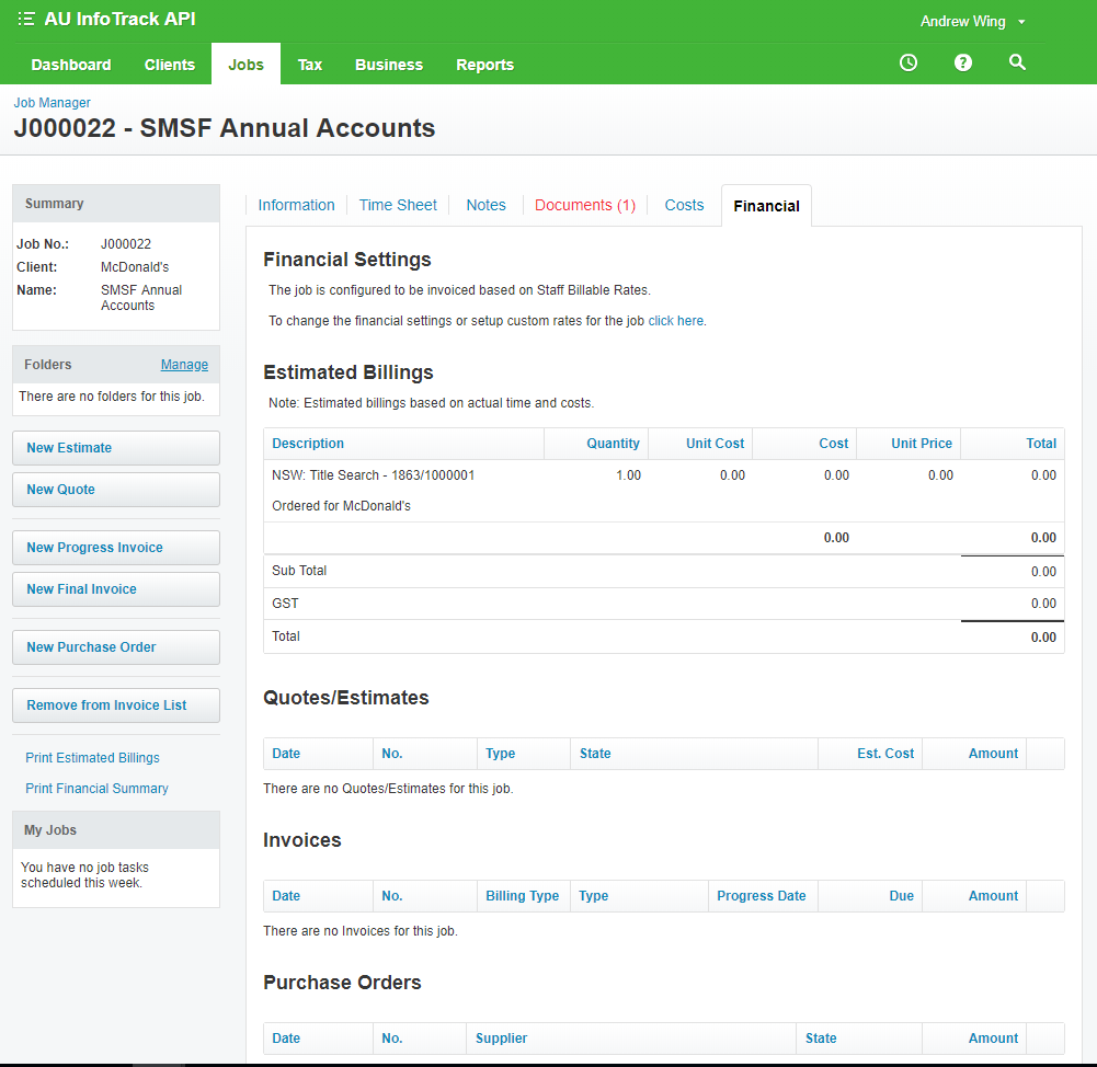 To view the related costs, select the ‘Costs’ and ‘Financial’ tabs.