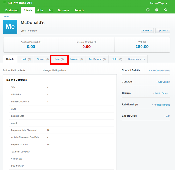 To view the search results in Xero, go to the client profile and select ‘Jobs’.